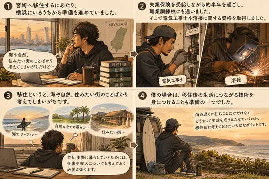 AI生成：横浜で移住準備を進め、職業訓練で資格を取得する4コマ漫画。