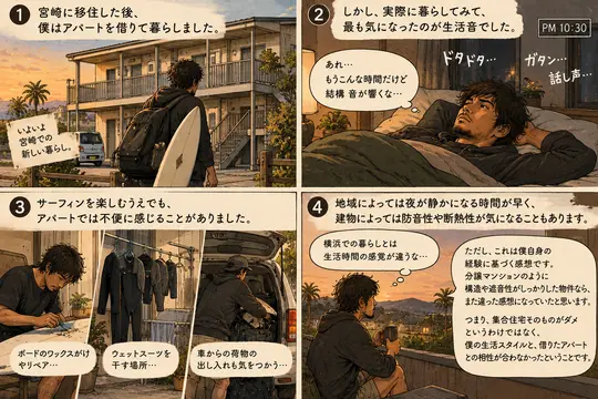 AI生成：宮崎のアパート暮らしで感じた生活音とサーフィン道具の扱いにくさを描いた4コマ漫画。