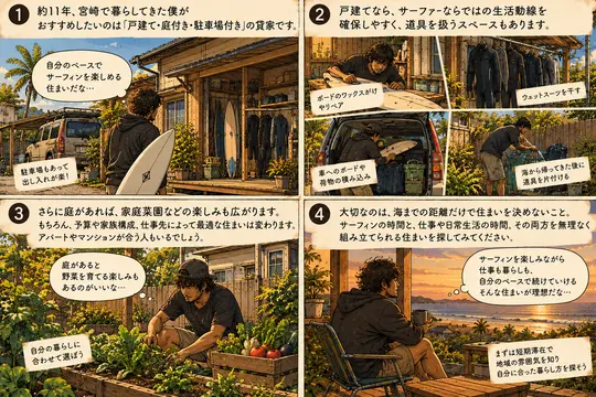 AI生成：宮崎でサーフィンを楽しむ戸建て暮らしと、道具の手入れや家庭菜園。