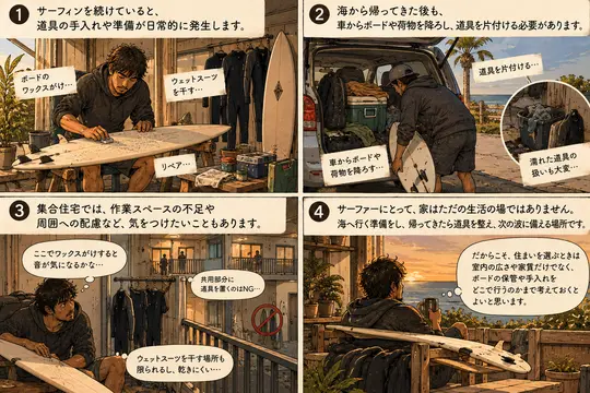 AI生成：サーフボードの手入れやウェットスーツ干しなど、サーファーの道具管理を描いた4コマ漫画。