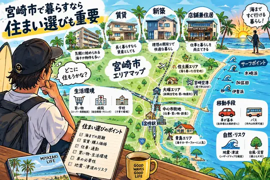 AI生成：宮崎市のエリアマップを用いて、海までの距離や住まいの種類、生活環境、交通手段、防災面を比較しながら移住先を検討するイメージ。
